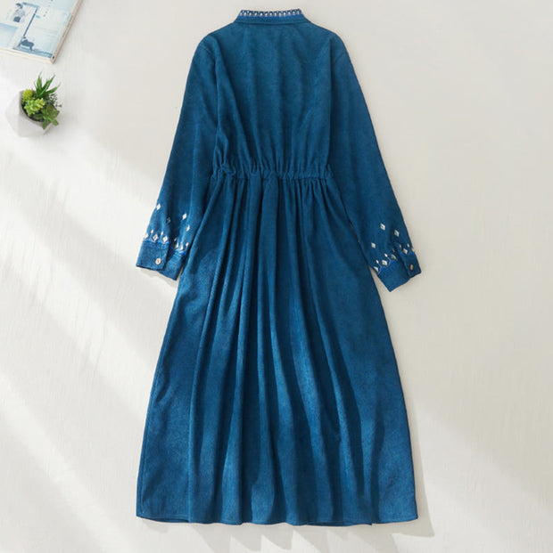 Buddha Stones Embroiderd Floral Pattern Lace -up Design Long Sleeve Midi Dress With Pockets - image 17