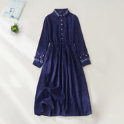 Buddha Stones Embroiderd Floral Pattern Lace -up Design Long Sleeve Midi Dress With Pockets - DarkBlue - US8-10，UK/AU12-14，EU40-42 (2XL) - image 10