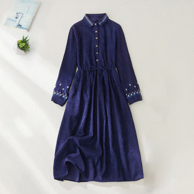 Buddha Stones Embroiderd Floral Pattern Lace -up Design Long Sleeve Midi Dress With Pockets - DarkBlue - US8-10，UK/AU12-14，EU40-42 (2XL) - image 10