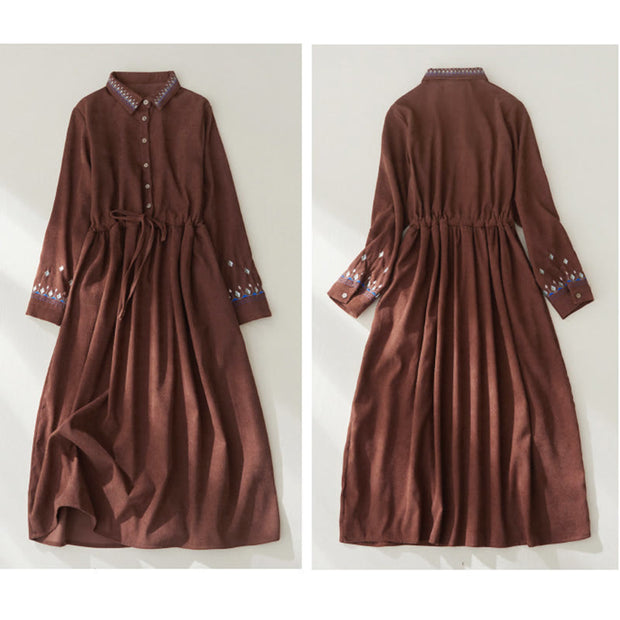 Buddha Stones Embroiderd Floral Pattern Lace -up Design Long Sleeve Midi Dress With Pockets - image 8