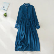Buddha Stones Embroiderd Floral Pattern Lace -up Design Long Sleeve Midi Dress With Pockets - Teal - US8-10，UK/AU12-14，EU40-42 (2XL) - image 16