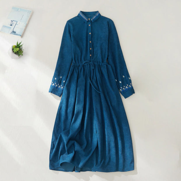 Buddha Stones Embroiderd Floral Pattern Lace -up Design Long Sleeve Midi Dress With Pockets - Teal - US8-10，UK/AU12-14，EU40-42 (2XL) - image 16