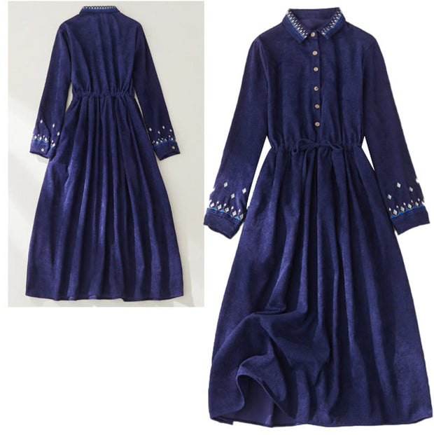 Buddha Stones Embroiderd Floral Pattern Lace -up Design Long Sleeve Midi Dress With Pockets - image 15