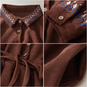 Buddha Stones Embroiderd Floral Pattern Lace -up Design Long Sleeve Midi Dress With Pockets - image 7