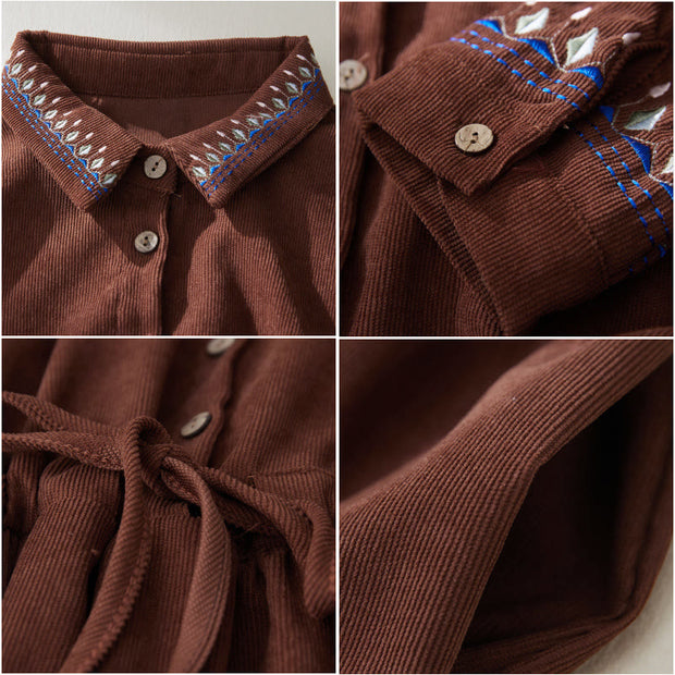 Buddha Stones Embroiderd Floral Pattern Lace -up Design Long Sleeve Midi Dress With Pockets - image 7