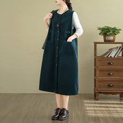 Buddha Stones Pure Color Buttons Design Sleeveless Midi Dress With Pockets - image 8