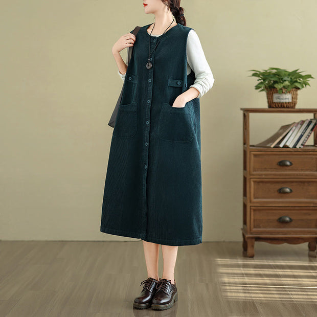 Buddha Stones Pure Color Buttons Design Sleeveless Midi Dress With Pockets - image 8