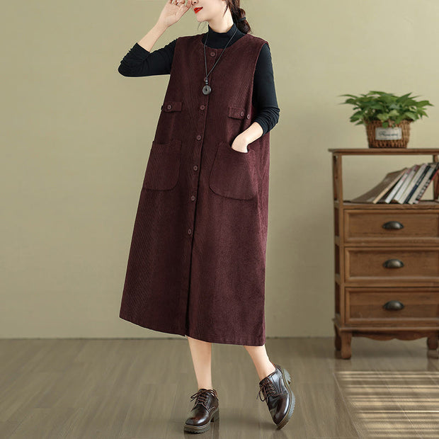 Buddha Stones Pure Color Buttons Design Sleeveless Midi Dress With Pockets - image 18