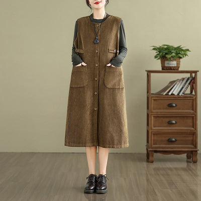Buddha Stones Pure Color Buttons Design Sleeveless Midi Dress With Pockets - DarkGoldenrod - US12，UK/AU16，EU44 (2XL) - image 0