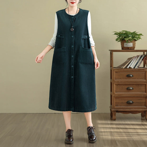Buddha Stones Pure Color Buttons Design Sleeveless Midi Dress With Pockets - DarkSlateGray - US12，UK/AU16，EU44 (2XL) - image 7