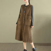 Buddha Stones Pure Color Buttons Design Sleeveless Midi Dress With Pockets - image 1