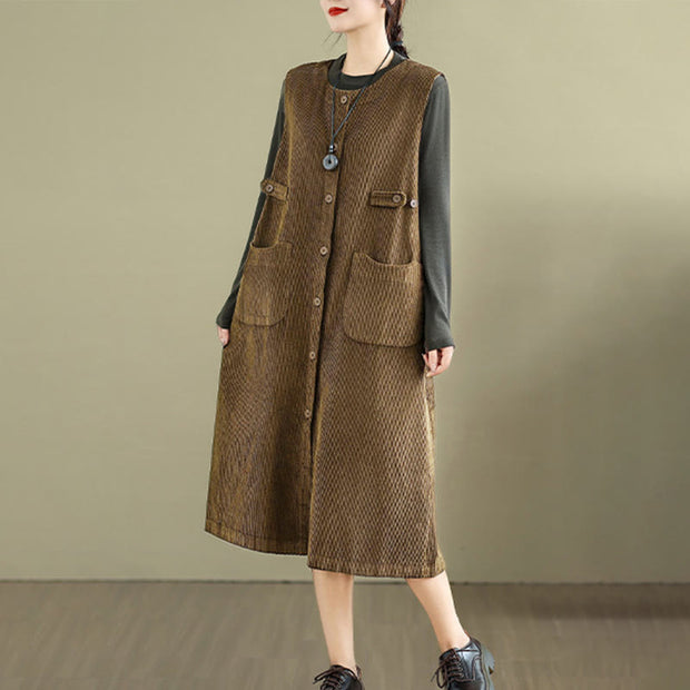 Buddha Stones Pure Color Buttons Design Sleeveless Midi Dress With Pockets - image 1