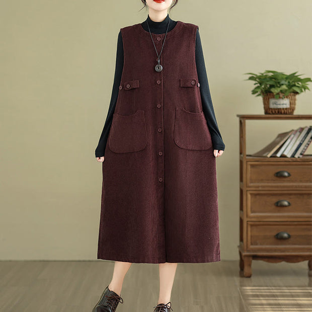 Buddha Stones Pure Color Buttons Design Sleeveless Midi Dress With Pockets - SaddleBrown - US12，UK/AU16，EU44 (2XL) - image 15