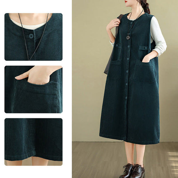 Buddha Stones Pure Color Buttons Design Sleeveless Midi Dress With Pockets - image 13