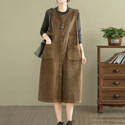 Buddha Stones Pure Color Buttons Design Sleeveless Midi Dress With Pockets - image 4