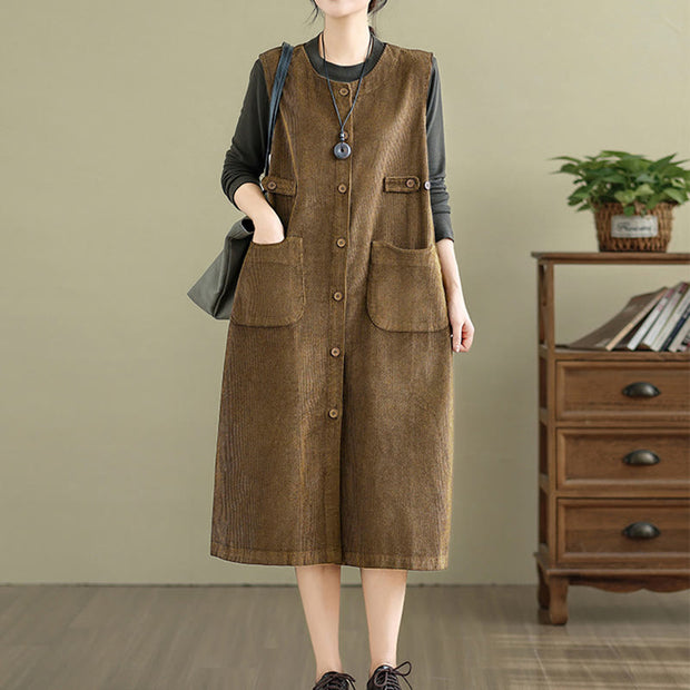 Buddha Stones Pure Color Buttons Design Sleeveless Midi Dress With Pockets - image 4