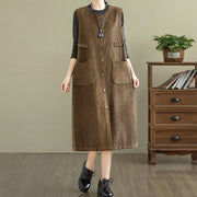 Buddha Stones Pure Color Buttons Design Sleeveless Midi Dress With Pockets - image 3