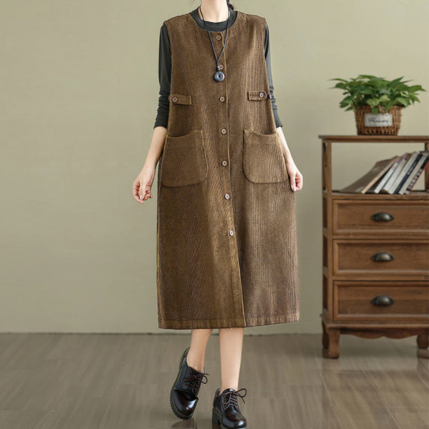 Buddha Stones Pure Color Buttons Design Sleeveless Midi Dress With Pockets - image 3