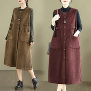 Buddha Stones Pure Color Buttons Design Sleeveless Midi Dress With Pockets - image 21
