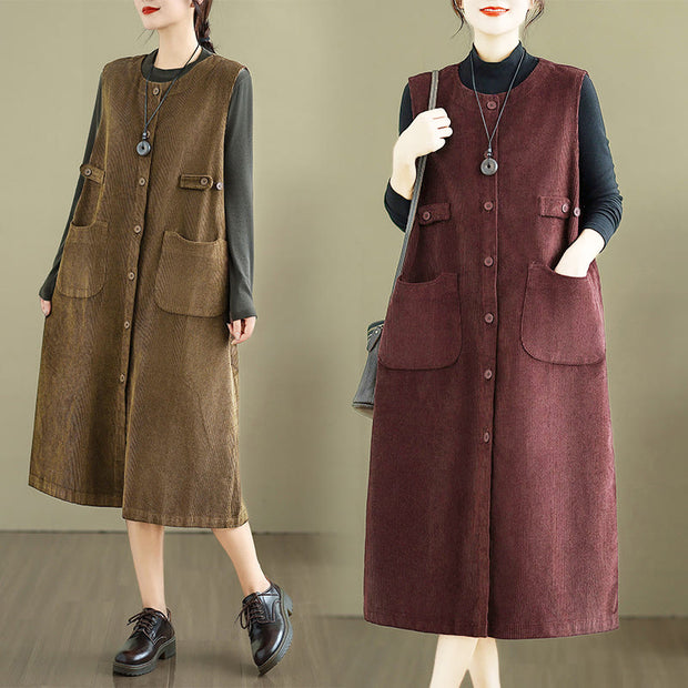 Buddha Stones Pure Color Buttons Design Sleeveless Midi Dress With Pockets - image 21
