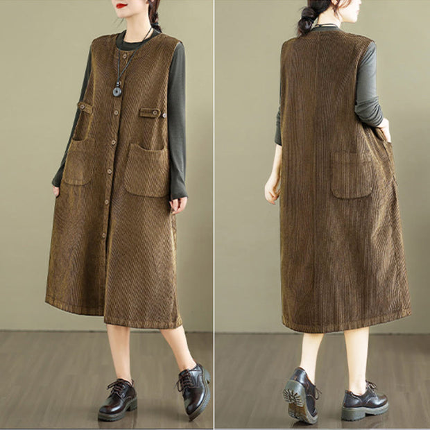 Buddha Stones Pure Color Buttons Design Sleeveless Midi Dress With Pockets - image 6