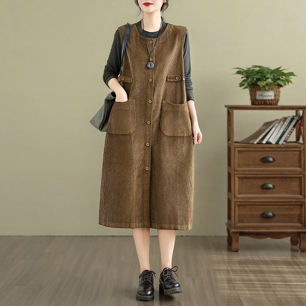 Buddha Stones Pure Color Buttons Design Sleeveless Midi Dress With Pockets - image 2