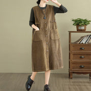 Buddha Stones Pure Color Buttons Design Sleeveless Midi Dress With Pockets - image 5