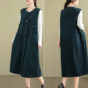 Buddha Stones Pure Color Buttons Design Sleeveless Midi Dress With Pockets - image 11