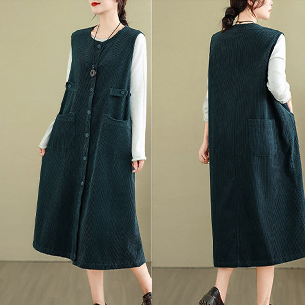Buddha Stones Pure Color Buttons Design Sleeveless Midi Dress With Pockets - image 11