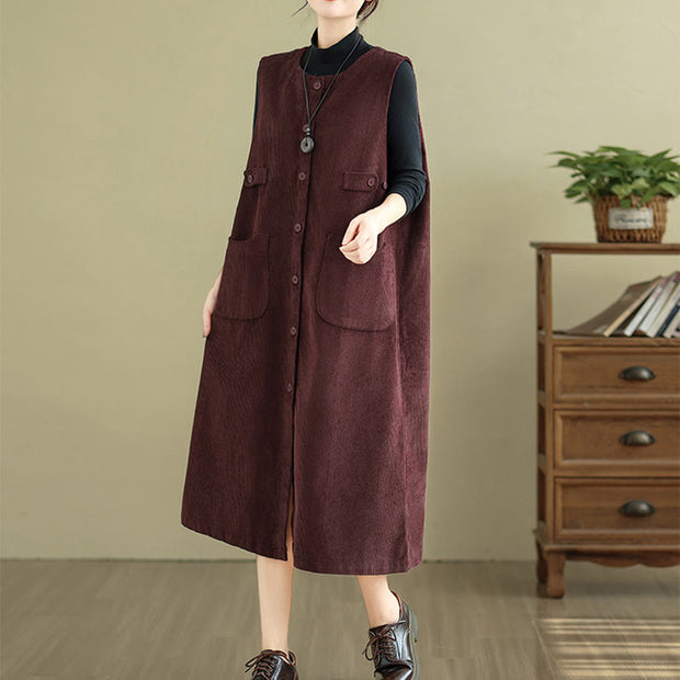 Buddha Stones Pure Color Buttons Design Sleeveless Midi Dress With Pockets - image 17