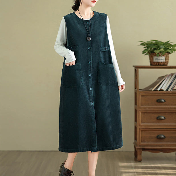 Buddha Stones Pure Color Buttons Design Sleeveless Midi Dress With Pockets - image 10