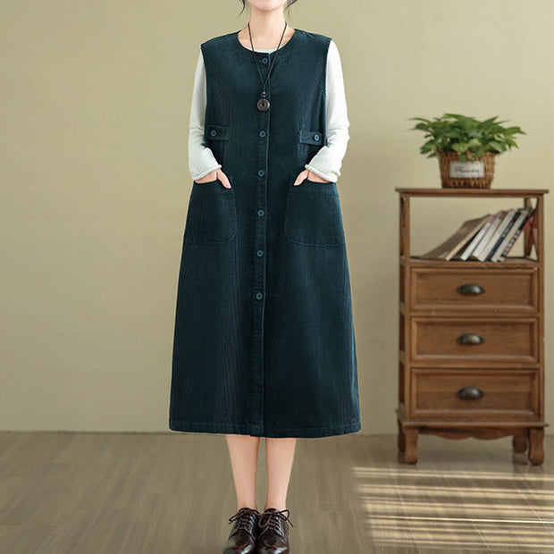 Buddha Stones Pure Color Buttons Design Sleeveless Midi Dress With Pockets - image 9