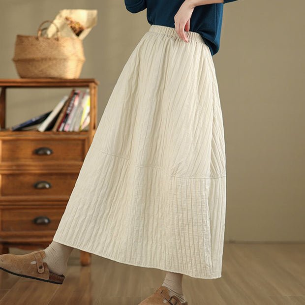 Buddha Stones Plain Pleats Design Elastic Waist Women's Thermal Cotton Skirt With Pockets - image 12