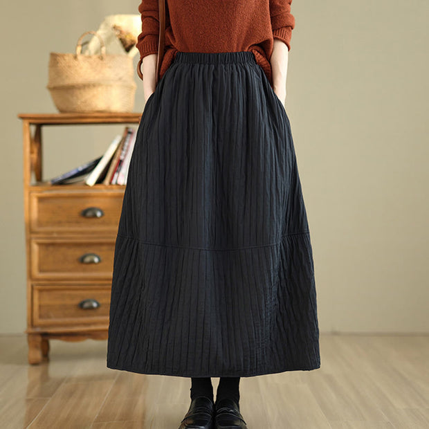 Buddha Stones Plain Pleats Design Elastic Waist Women's Thermal Cotton Skirt With Pockets - Black - US8-10，UK/AU12-14，EU40-42 (2XL) - image 4