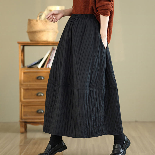 Buddha Stones Plain Pleats Design Elastic Waist Women's Thermal Cotton Skirt With Pockets - image 5