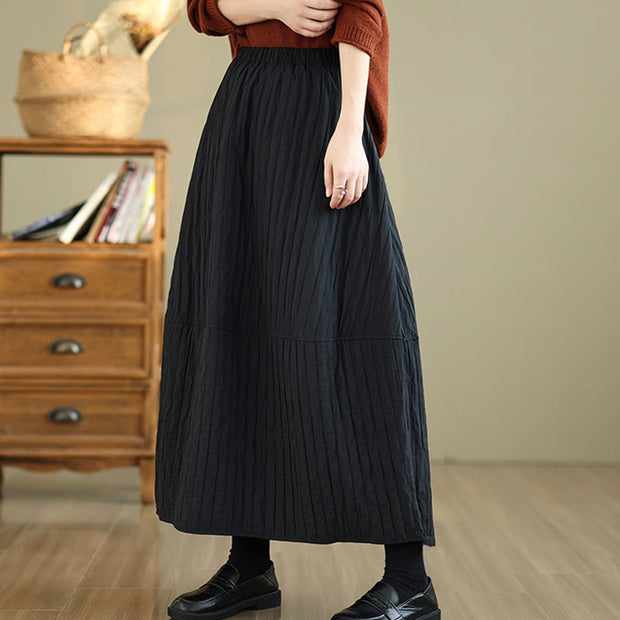 Buddha Stones Plain Pleats Design Elastic Waist Women's Thermal Cotton Skirt With Pockets - image 6