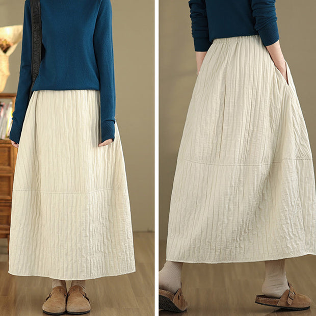 Buddha Stones Plain Pleats Design Elastic Waist Women's Thermal Cotton Skirt With Pockets - image 13