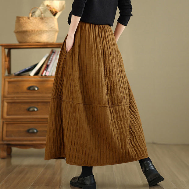 Buddha Stones Plain Pleats Design Elastic Waist Women's Thermal Cotton Skirt With Pockets - image 2