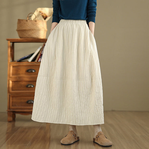 Buddha Stones Plain Pleats Design Elastic Waist Women's Thermal Cotton Skirt With Pockets - image 10