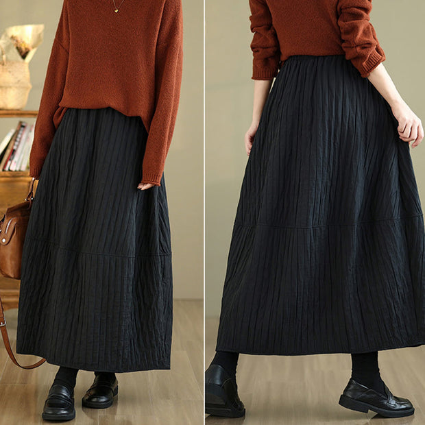 Buddha Stones Plain Pleats Design Elastic Waist Women's Thermal Cotton Skirt With Pockets - image 8