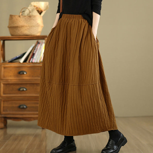 Buddha Stones Plain Pleats Design Elastic Waist Women's Thermal Cotton Skirt With Pockets - image 1