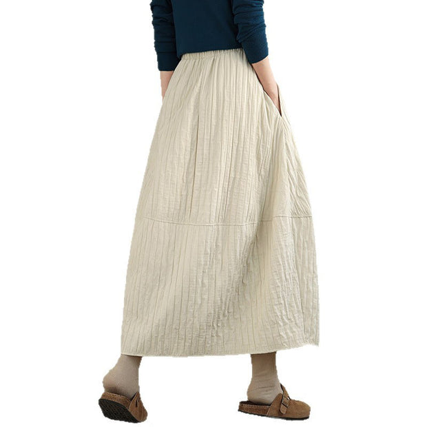 Buddha Stones Plain Pleats Design Elastic Waist Women's Thermal Cotton Skirt With Pockets - image 14