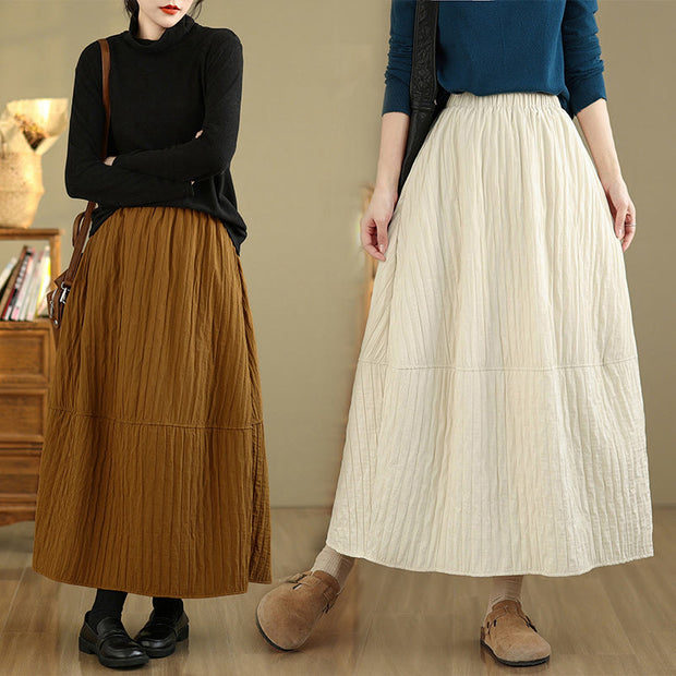 Buddha Stones Plain Pleats Design Elastic Waist Women's Thermal Cotton Skirt With Pockets - image 20
