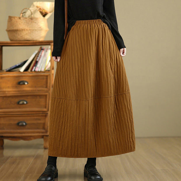 Buddha Stones Plain Pleats Design Elastic Waist Women's Thermal Cotton Skirt With Pockets - image 3