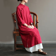 Buddha Stones Flower Jacquard Midi Dress Long Sleeve Cotton Linen Dress Wide Leg Pants With Pockets 21