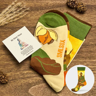 Buddha Stones "Be Here Now" Casual Buddha Lotus Dragonfly Women's Socks Includes Gift Message Card - Beige - S-M (US 5.5-11.5，EU 36–42，UK/AU 3.5-9，Asia 23–26.5 cm) - Standard Gift Box - image 0