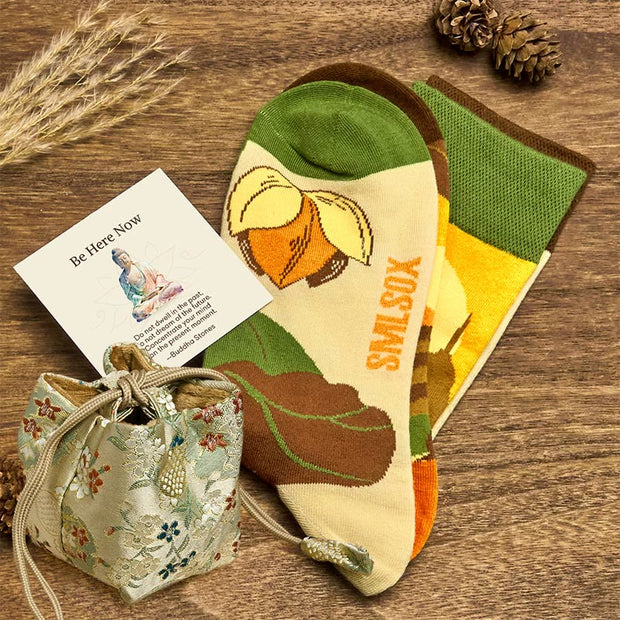 Buddha Stones "Be Here Now" Casual Buddha Lotus Dragonfly Women's Socks Includes Gift Message Card - Beige - S-M (US 5.5-11.5，EU 36–42，UK/AU 3.5-9，Asia 23–26.5 cm) - Deluxe Gift Bag (+$12.59) - image 7
