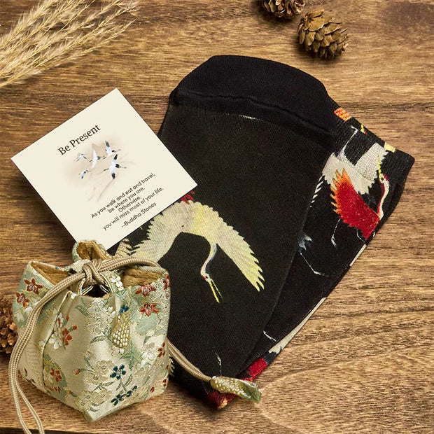 Buddha Stones "Be Present" Casual White Red Cranes Men Women Unisex Socks Includes Gift Message Card - Black - One Size Fits Most (US 5-12，EU 37-45，UK/AU 4.5-11.5，AISA 23.5-28.5cm) - Deluxe Gift Bag (+$12.59) - image 4