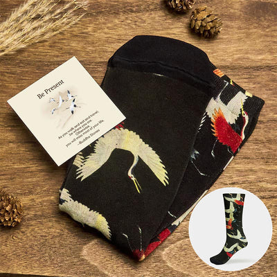 Buddha Stones "Be Present" Casual White Red Cranes Men Women Unisex Socks Includes Gift Message Card - Black - One Size Fits Most (US 5-12，EU 37-45，UK/AU 4.5-11.5，AISA 23.5-28.5cm) - Standard Gift Box - image 0