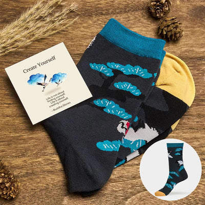Buddha Stones "Create Yourself" White Crane Pine Tree Women's Socks Includes Gift Message Card - Black - S-M (US 5.5-11.5，EU 36–42，UK/AU 3.5-9，Asia 23–26.5 cm) - Standard Gift Box - image 0